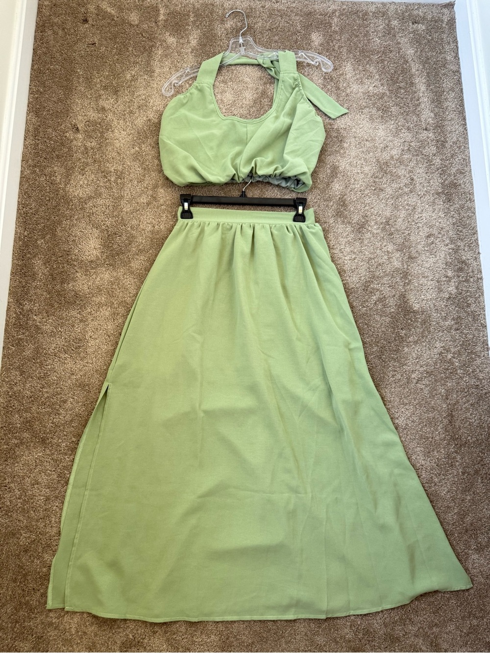 Light Green Two-Piece Halter Top and Maxi Skirt Set